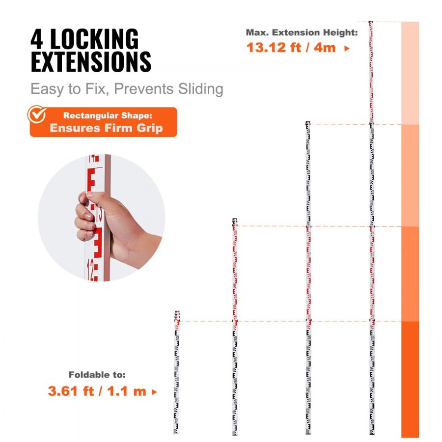 VEVOR Aluminum Grade Rod, 4M Metric Telescopic Measuring Rod, Double-Sided Scale in CM/MM Leveling Rod Stick,Aluminum Alloy Survey Rod with Bubble Level &Carrying Bag for Measuring Houses,Walls,Floors