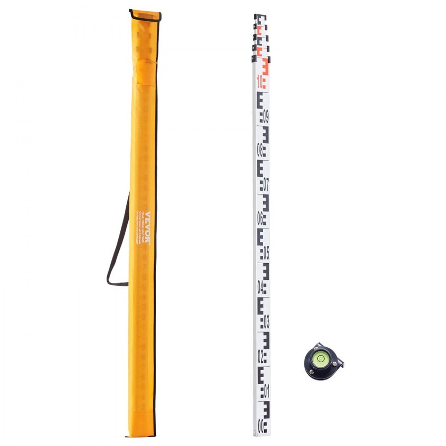 VEVOR Aluminum Grade Rod, 5M Metric Telescopic Measuring Rod, Double-Sided Scale in CM/MM Leveling Rod Stick,Aluminum Alloy Survey Rod with Bubble Level &Carrying Bag for Measuring Houses,Walls,Floors