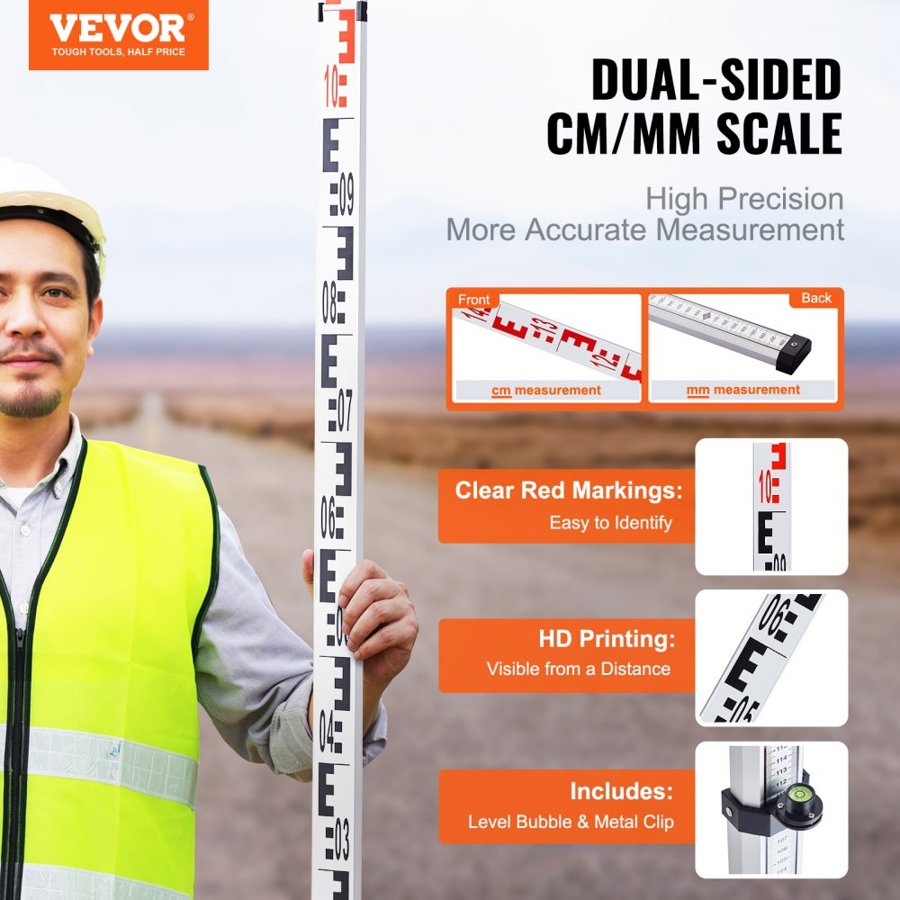 VEVOR Aluminum Grade Rod, 5M Metric Telescopic Measuring Rod, Double-Sided Scale in CM/MM Leveling Rod Stick,Aluminum Alloy Survey Rod with Bubble Level &Carrying Bag for Measuring Houses,Walls,Floors