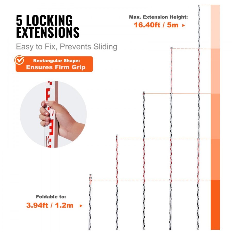 VEVOR Aluminum Grade Rod, 5M Metric Telescopic Measuring Rod, Double-Sided Scale in CM/MM Leveling Rod Stick,Aluminum Alloy Survey Rod with Bubble Level &Carrying Bag for Measuring Houses,Walls,Floors
