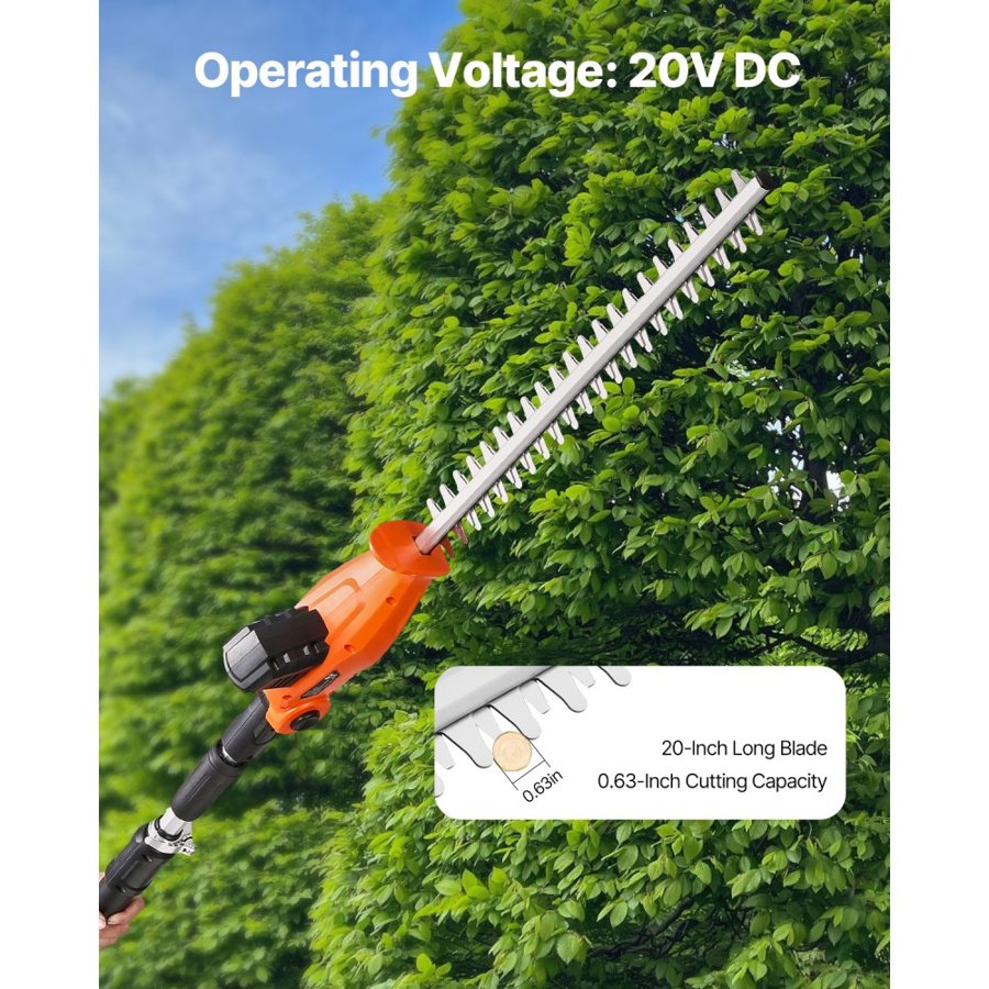 VEVOR Electric Hedge Trimmer, 1200 RPM, 6.2 - 7.8 Ft Extendable, Pole Hedge Trimmer for High Branch, 20V Battery, Cordless Hedge Trimmer with 20 in Blade, 5 Angles Adjustable for Yard Garden