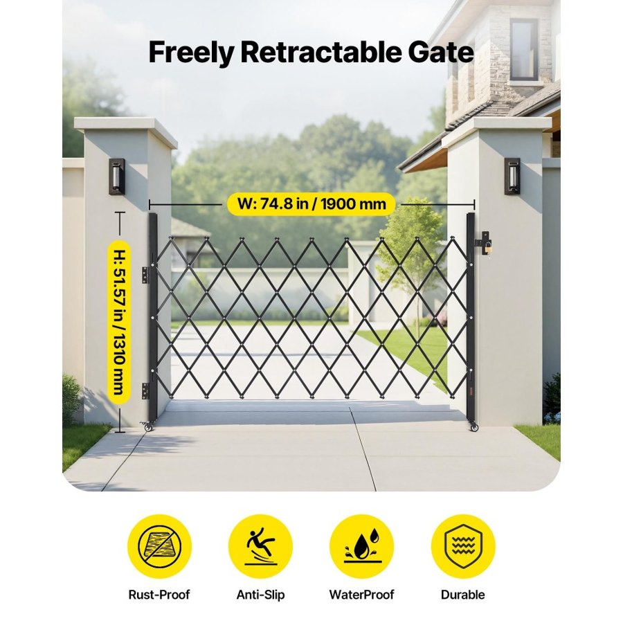VEVOR Single Folding Security Gate, Lockable Scissor Gate with 360° Swivel Casters, Outdoor Barricade Steel Retractable Gates, for Entry Security, Garage, Warehouse & Pool, 190 × 131 cm (W × H)