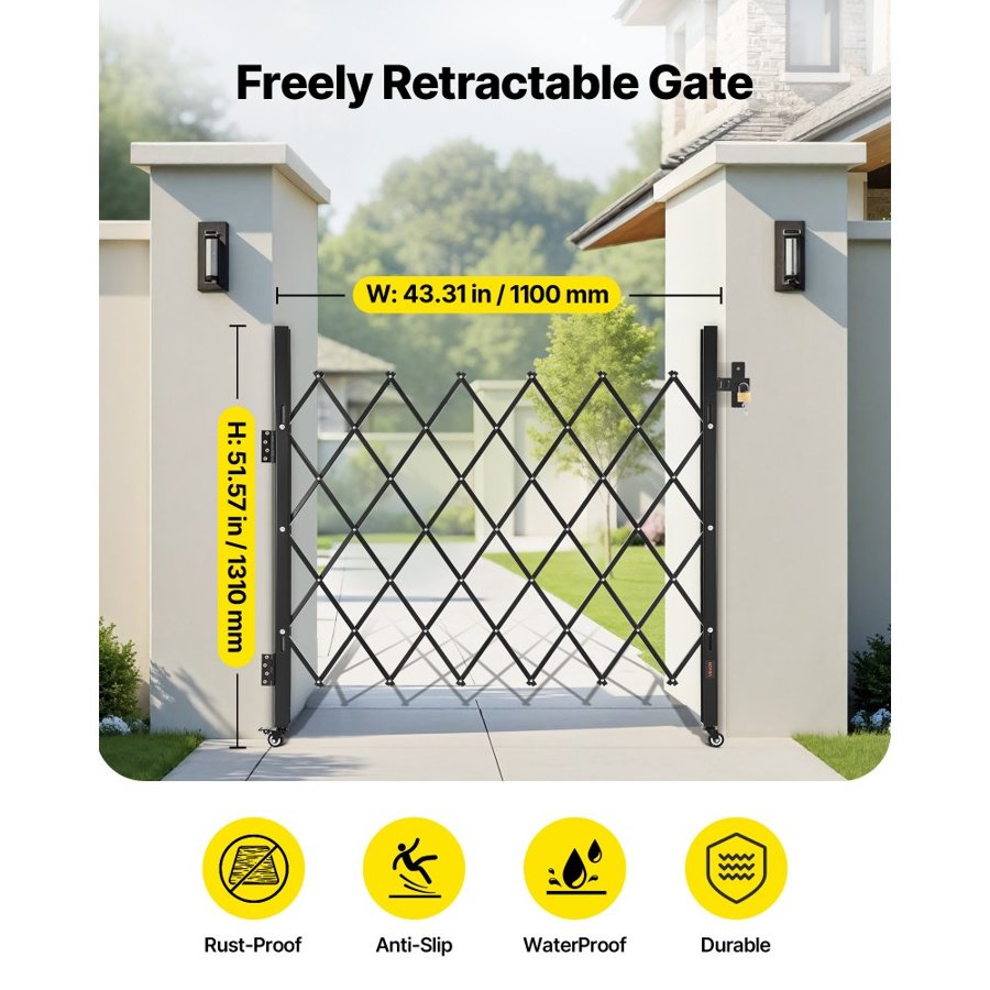 VEVOR Single Folding Security Gate, Lockable Scissor Gate with 360° Swivel Casters, Outdoor Barricade Steel Retractable Gates, for Entry Security, Garage, Warehouse & Pool, 110 × 131 cm (W × H)