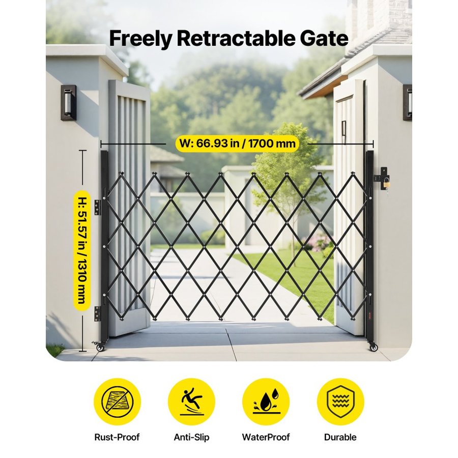 VEVOR Single Folding Security Gate, Lockable Scissor Gate with 360° Swivel Casters, Outdoor Barricade Steel Retractable Gates, for Entry Security, Garage, Warehouse & Pool, 170 × 131 cm (W × H)