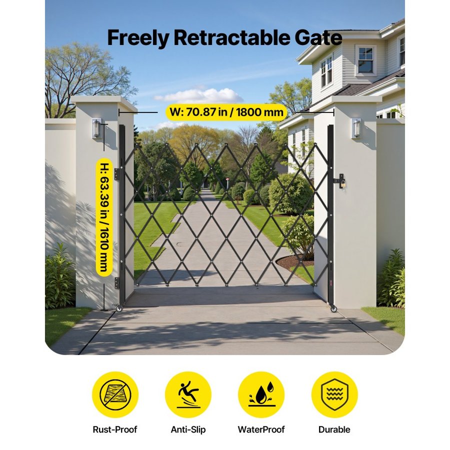 VEVOR Single Folding Security Gate, Lockable Scissor Gate with 360° Swivel Casters, Outdoor Barricade Steel Retractable Gates, for Entry Security, Garage, Warehouse & Pool, 180 × 161 cm (W × H)