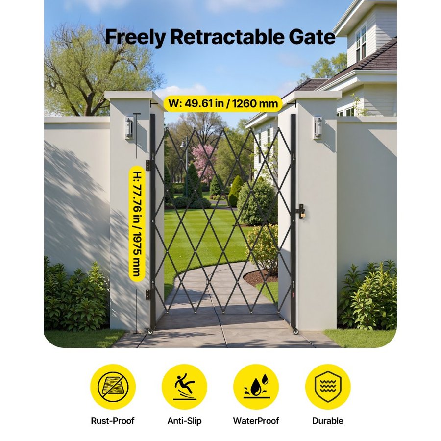 VEVOR Single Folding Security Gate, Lockable Scissor Gate with 360° Swivel Casters, Outdoor Barricade Steel Retractable Gates, for Entry Security, Garage, Warehouse & Pool, 126 × 197.5 cm (W × H)