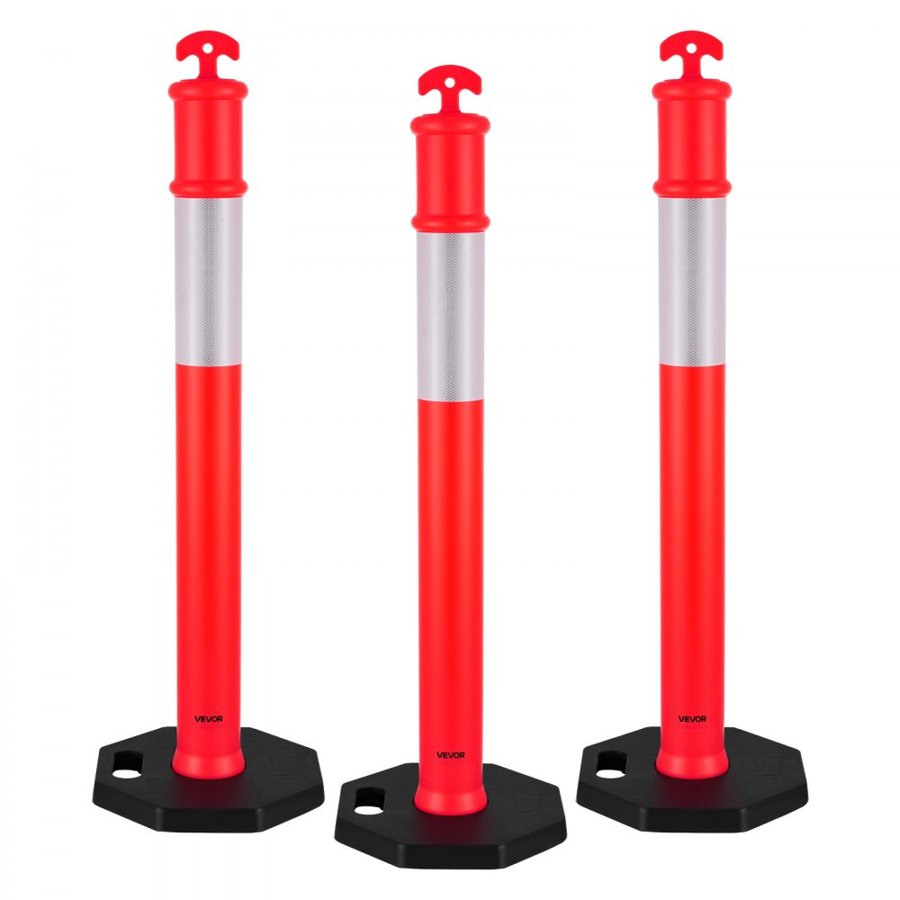 VEVOR 3 Pack Traffic Delineator Posts, 1140 mm Traffic Safety Cones with Weighted Base and Reflective Strips, Heavy Duty Delineator Posts for Construction Site, Parking Lot, Crowd Control, Red