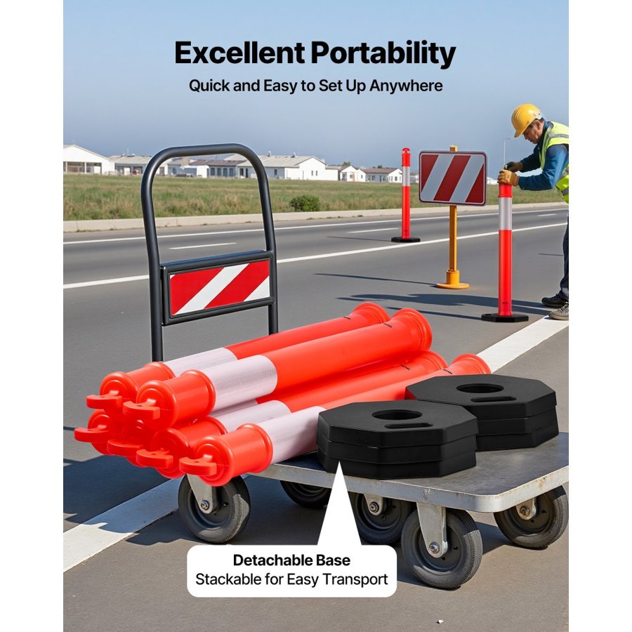 VEVOR 3 Pack Traffic Delineator Posts, 1140 mm Traffic Safety Cones with Weighted Base and Reflective Strips, Heavy Duty Delineator Posts for Construction Site, Parking Lot, Crowd Control, Red