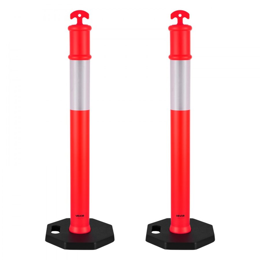 VEVOR 2 Pack Traffic Delineator Posts, 1140 mm Traffic Safety Cones with Weighted Base and Reflective Strips, Heavy Duty Delineator Posts for Construction Site, Parking Lot, Crowd Control, Red