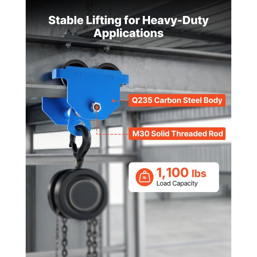 VEVOR Manual Trolley, 0.5 Ton Load Capacity, Push Beam Trolley with Dual Wheels, Adjustable for I-Beam Flange Width 53 mm to 140 mm, Heavy Duty Carbon Steel Garage Hoist for Straight & Curved I Beam