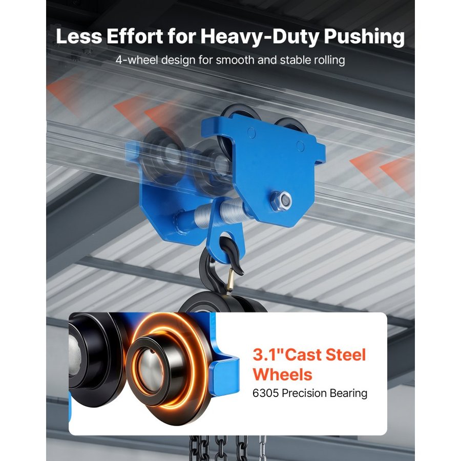 VEVOR Manual Trolley, 0.5 Ton Load Capacity, Push Beam Trolley with Dual Wheels, Adjustable for I-Beam Flange Width 53 mm to 140 mm, Heavy Duty Carbon Steel Garage Hoist for Straight & Curved I Beam