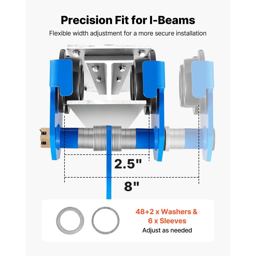 VEVOR Manual Trolley, 3 Ton Load Capacity, Push Beam Trolley with Dual Wheels, Adjustable for I-Beam Flange Width 63 mm to 203 mm, Heavy Duty Carbon Steel Garage Hoist for Straight & Curved I Beam