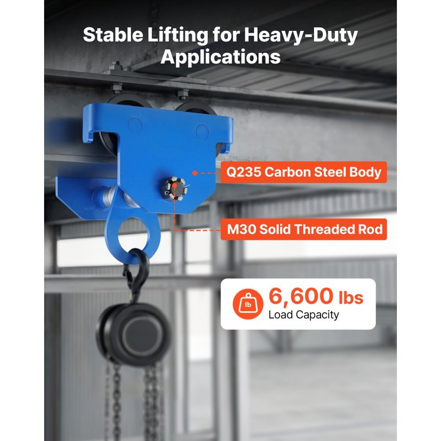 VEVOR Manual Trolley, 3 Ton Load Capacity, Push Beam Trolley with Dual Wheels, Adjustable for I-Beam Flange Width 63 mm to 203 mm, Heavy Duty Carbon Steel Garage Hoist for Straight & Curved I Beam