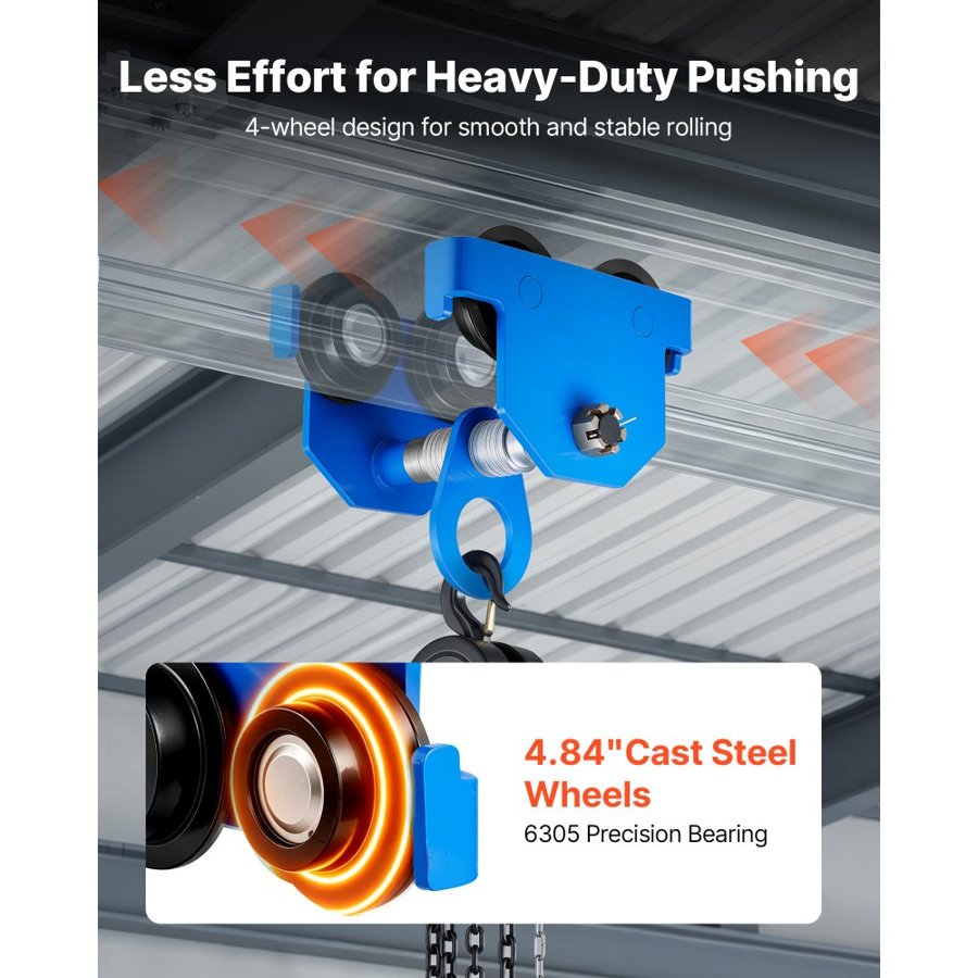 VEVOR Manual Trolley, 3 Ton Load Capacity, Push Beam Trolley with Dual Wheels, Adjustable for I-Beam Flange Width 63 mm to 203 mm, Heavy Duty Carbon Steel Garage Hoist for Straight & Curved I Beam