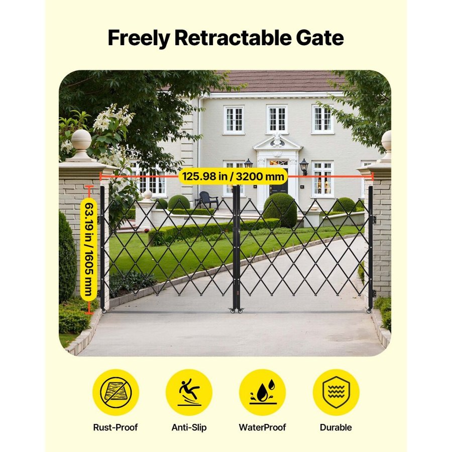VEVOR Double Folding Security Gate, Lockable Scissor Gate with 360° Swivel Casters, Outdoor Barricade Steel Retractable Gates, for Entry Security, Garage, Warehouse & Pool, 320 × 160.5 cm (W × H)