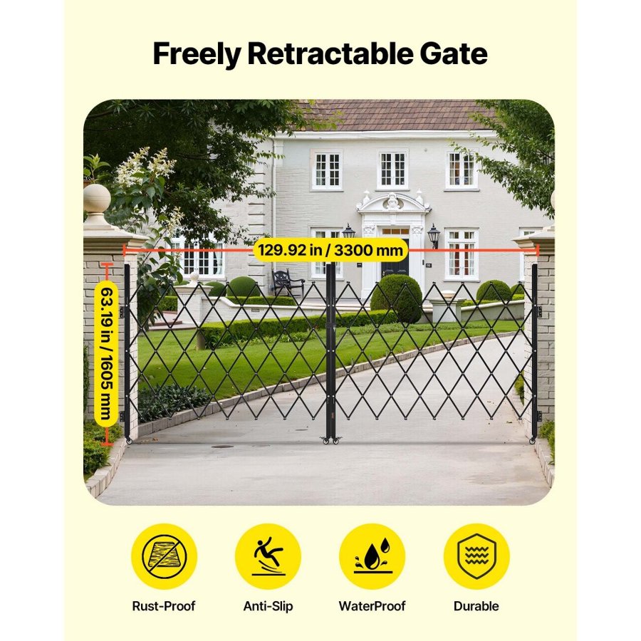 VEVOR Double Folding Security Gate, Lockable Scissor Gate with 360° Swivel Casters, Outdoor Barricade Steel Retractable Gates, for Entry Security, Garage, Warehouse & Pool, 330 × 160.5 cm (W × H)