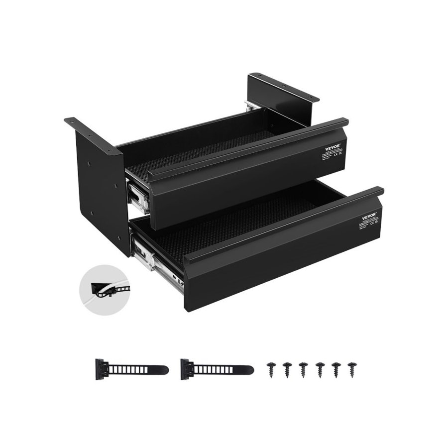 VEVOR 16" Wide Under Desk Drawer Slide Out, Under Desk Mounted Pull-out Drawer Attachment, Hidden Desktop 2 Layer Storage Organizer, Under Table Pencil Drawer for Home Sit Stand Workstation, 18x9x8 in
