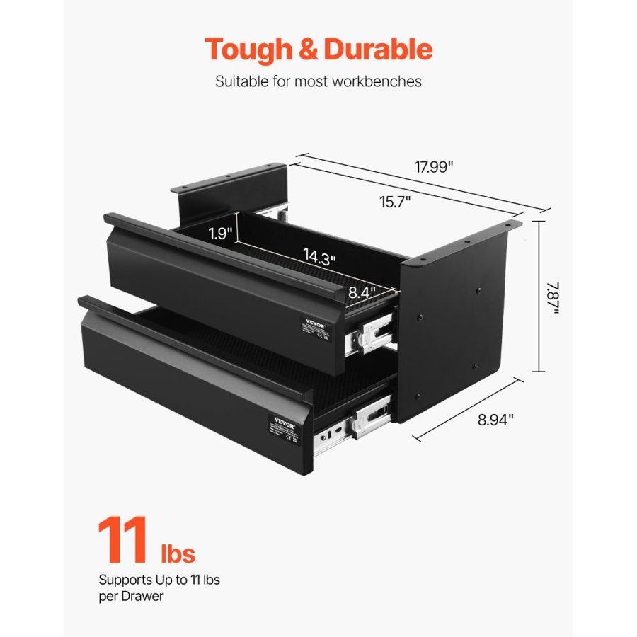 VEVOR 16" Wide Under Desk Drawer Slide Out, Under Desk Mounted Pull-out Drawer Attachment, Hidden Desktop 2 Layer Storage Organizer, Under Table Pencil Drawer for Home Sit Stand Workstation, 18x9x8 in