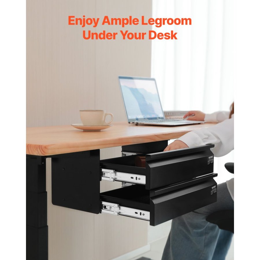 VEVOR 16" Wide Under Desk Drawer Slide Out, Under Desk Mounted Pull-out Drawer Attachment, Hidden Desktop 2 Layer Storage Organizer, Under Table Pencil Drawer for Home Sit Stand Workstation, 18x9x8 in