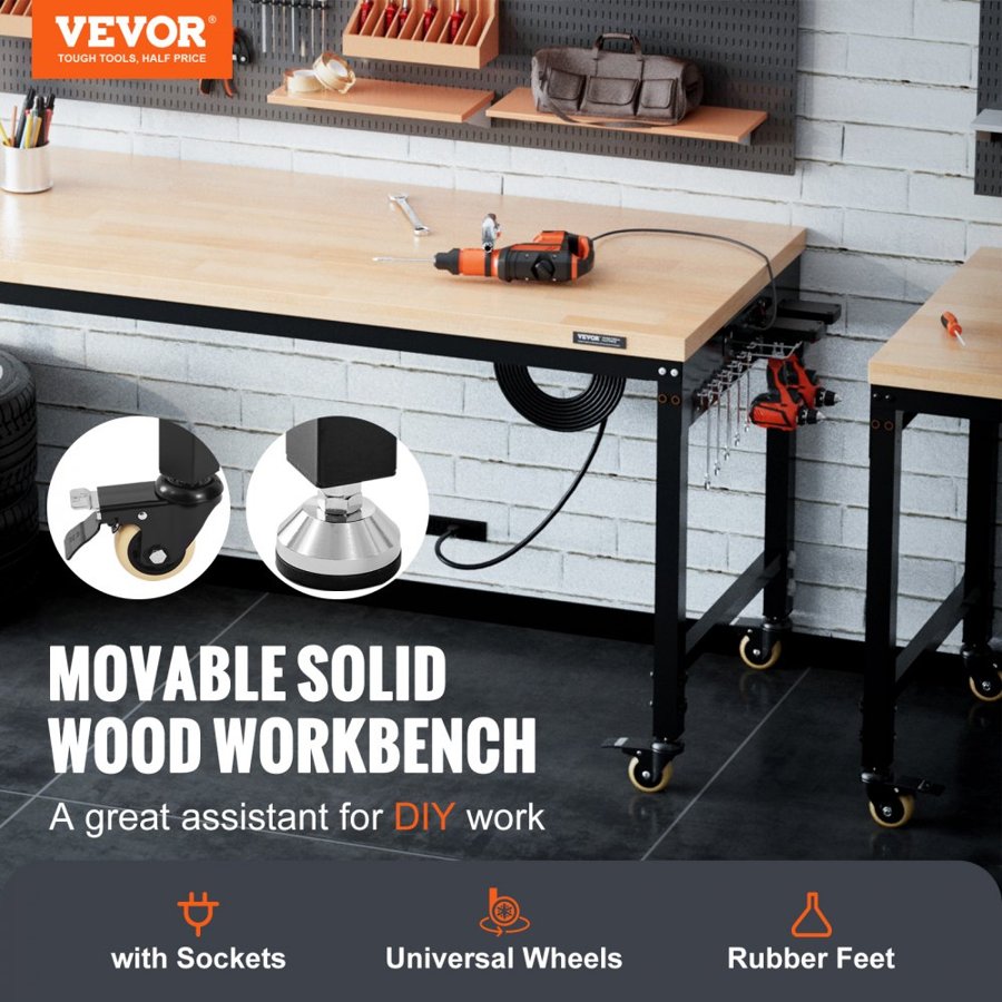 VEVOR Adjustable Workbench Work Table Top, Dimensions: 72" x 25" Adjustable Height: 28"-40" Max Load 3000lbs Table with Power Sockets Wooden Top for Office Home Garage