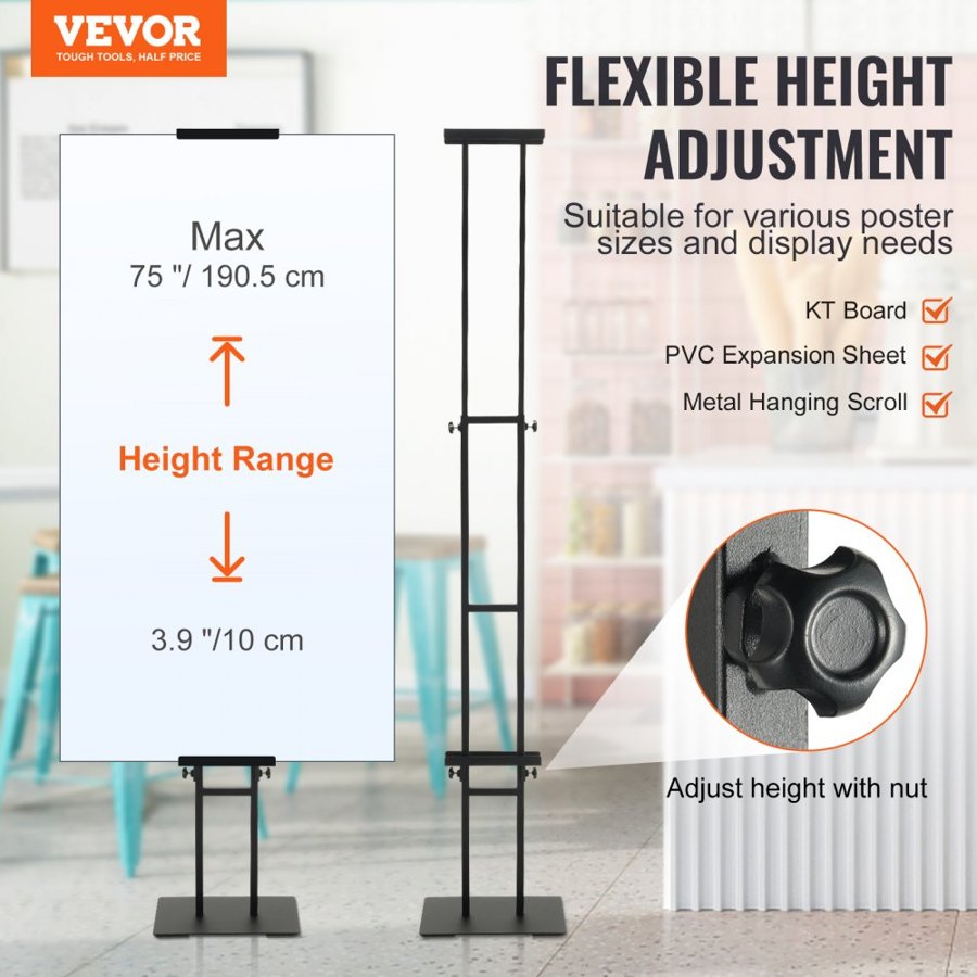 VEVOR Poster Stand, Adjustable Height Up to 1905 mm, Double-Sided Heavy Duty Pedestal Sign Holder, Floor Standing Sign Holder Banner Stand with Shock-absorbing Base for Display, for Board and Foam, Black