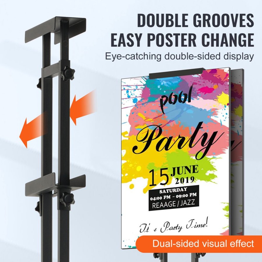 VEVOR Poster Stand, Adjustable Height Up to 1905 mm, Double-Sided Heavy Duty Pedestal Sign Holder, Floor Standing Sign Holder Banner Stand with Shock-absorbing Base for Display, for Board and Foam, Black
