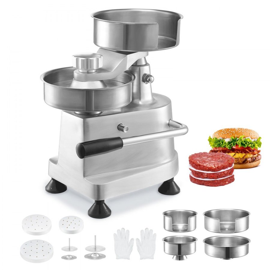 VEVOR Commercial Burger Patty Maker, Hamburger Beef Patty Maker with 3 Convertible Mold(4/5/6-inch), Heavy Duty Stainless Steel Burger Press Machine, Meat Forming Processor with 1500 Pcs Patty Papers