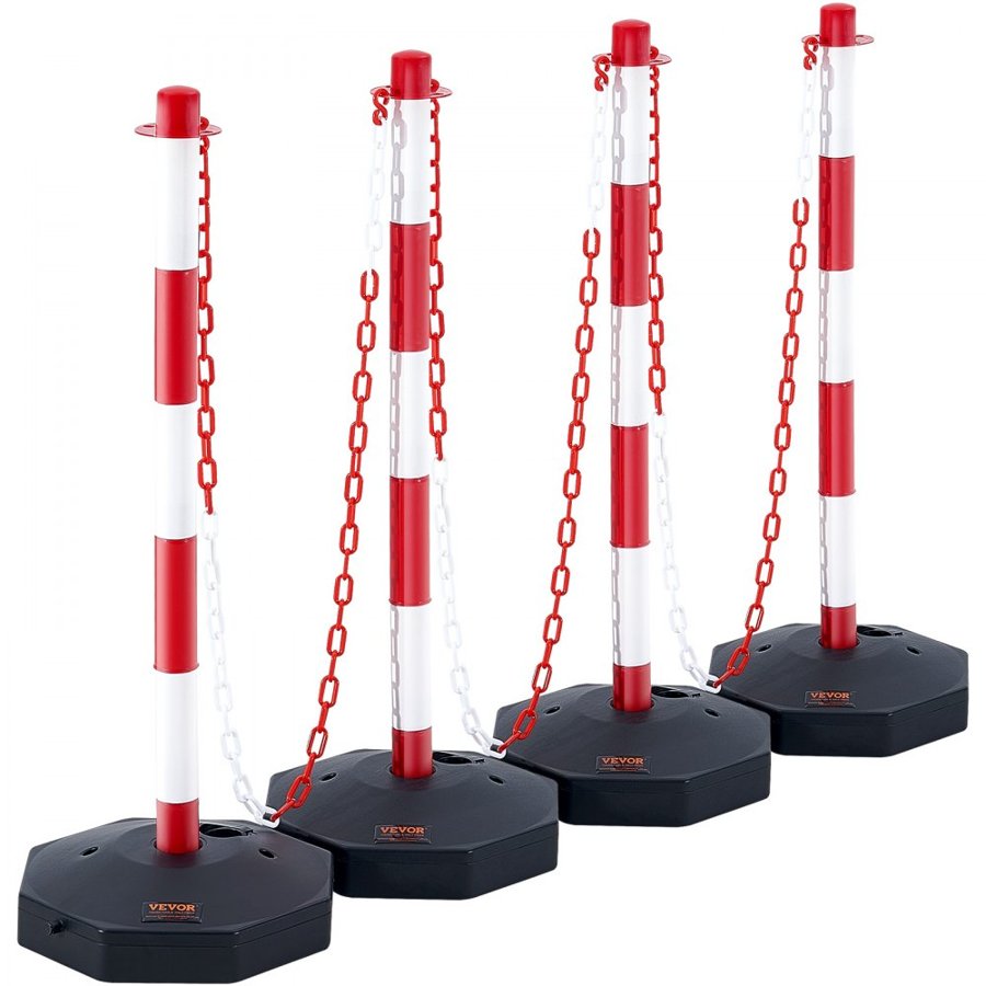 VEVOR Adjustable Traffic Delineator Post Cones, 4 Pack, Traffic Safety Delineator Barrier with Fillable Base 2.44 m Chain, for Traffic Control Warning Parking Lot Construction Caution Roads, Red & White