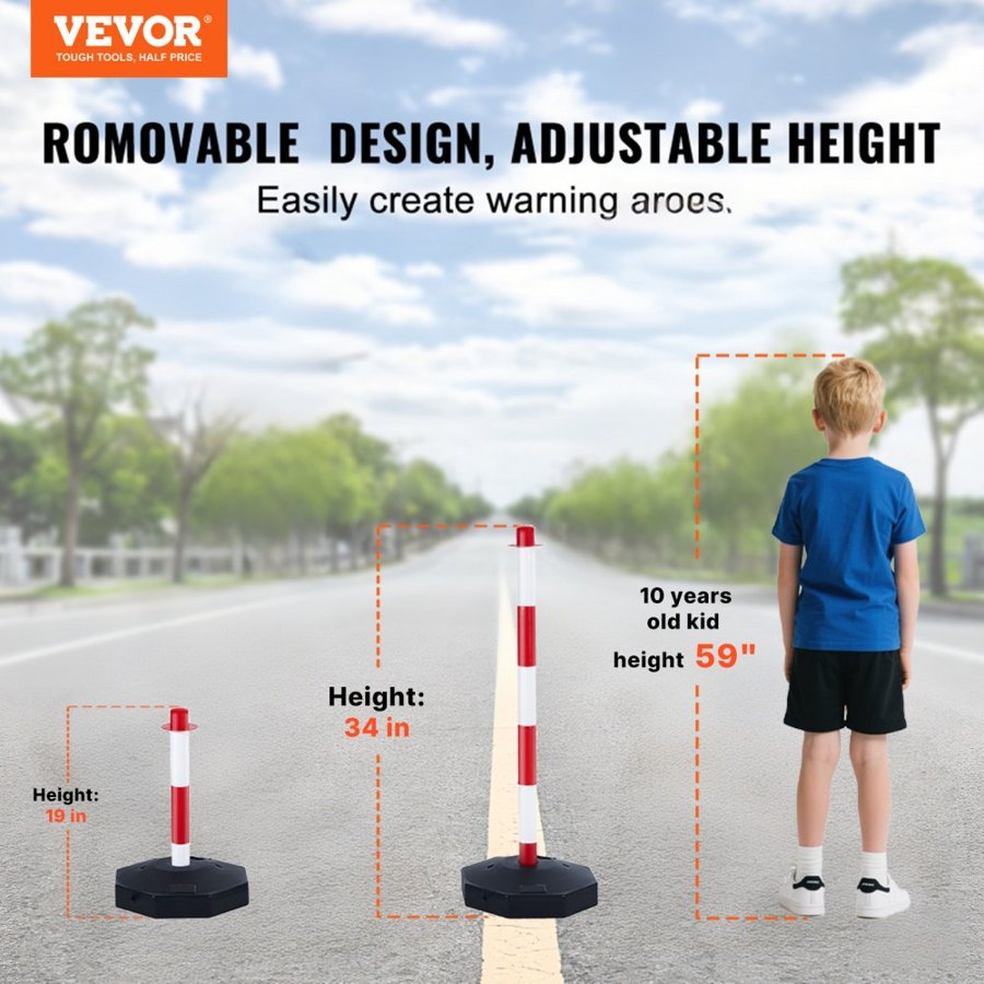 VEVOR Adjustable Traffic Delineator Post Cones, 4 Pack, Traffic Safety Delineator Barrier with Fillable Base 2.44 m Chain, for Traffic Control Warning Parking Lot Construction Caution Roads, Red & White