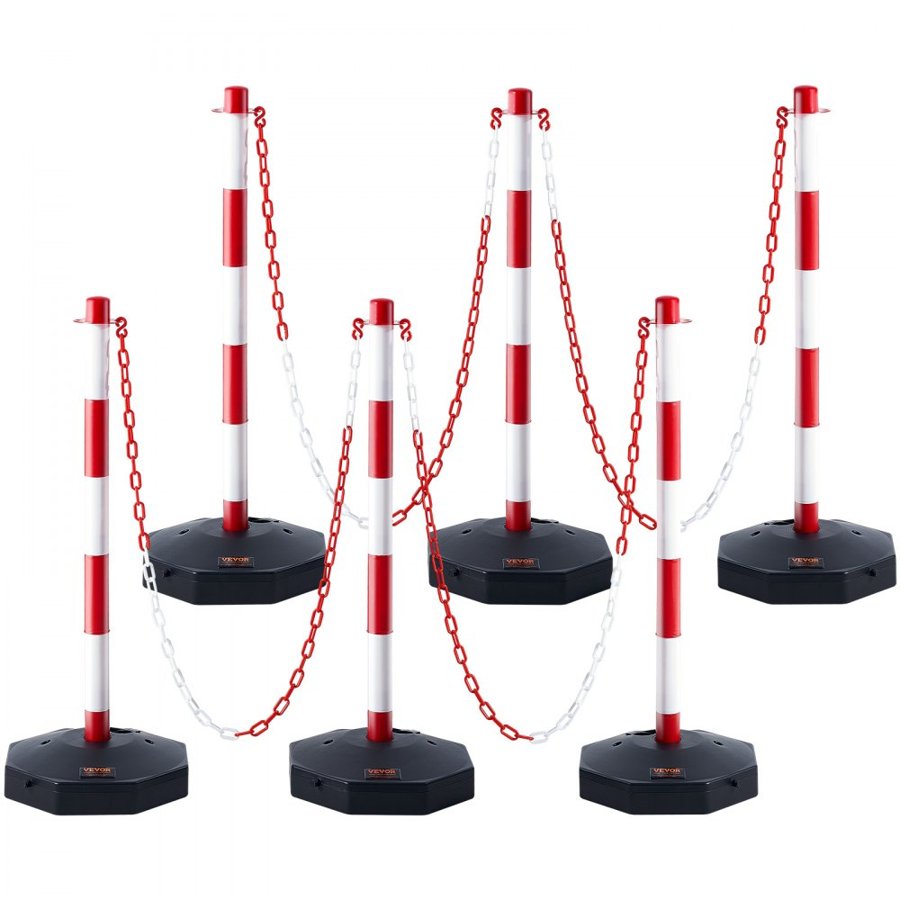 VEVOR Adjustable Traffic Delineator Post Cones, 6 Pack, Traffic Safety Delineator Barrier with Fillable Base 2 m Chain, for Traffic Control Warning Parking Lot Construction Caution Roads, Red & White