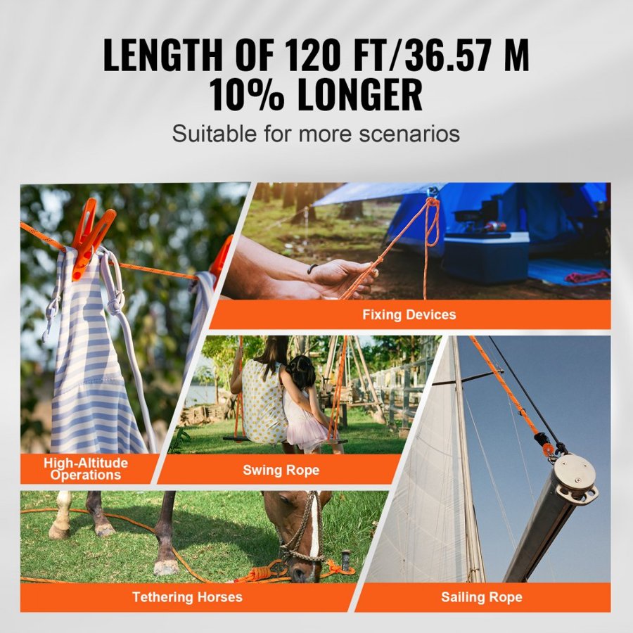 VEVOR Arborist Tree Climbing Rope Double Braid Polyester 1/2"/1.3 cm x 120'/36.6 m 48-Strand