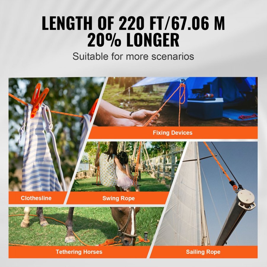 VEVOR Arborist Tree Climbing Rope Double Braid Polyester 1.9 cm (3/4") x 67.1 m (220') 24-Strand