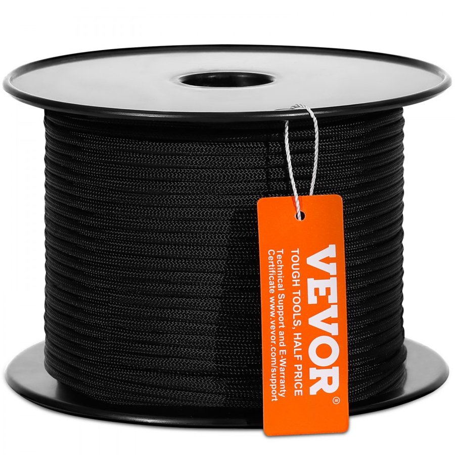 VEVOR Braided Nylon Rope, 0.48 cm (3/16 in) x 76.2 m (250 ft), 32 Strands, 327 kg (720 LBS) Breaking Strength Outdoor Climbing Rope, Arborist Tree Climbing Rigging Rope for Rock Hiking Camping Swing Rappelling Rescue, Black