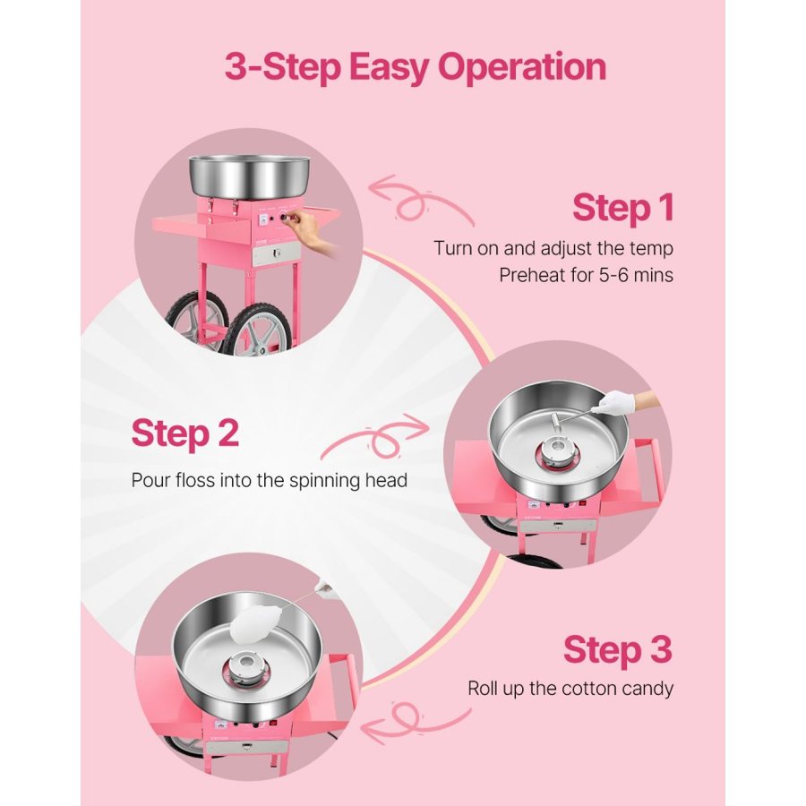 VEVOR Electric Cotton Candy Machine with Cart, 1000W Commercial Candy Floss Maker with 52cm in Stainless Steel Bowl, Sugar Scoop, and Drawer, Easy to Use, for Home, Kids Birthday, Family Party, Pink