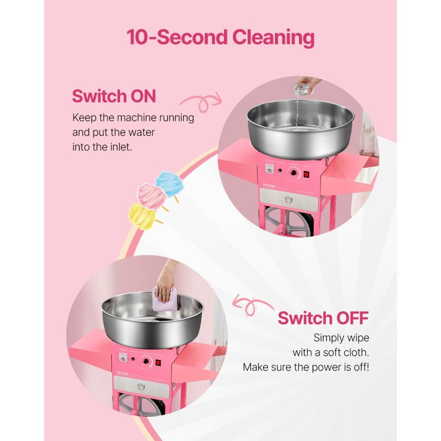 VEVOR Electric Cotton Candy Machine with Cart, 1000W Commercial Candy Floss Maker with 52cm in Stainless Steel Bowl, Sugar Scoop, and Drawer, Easy to Use, for Home, Kids Birthday, Family Party, Pink