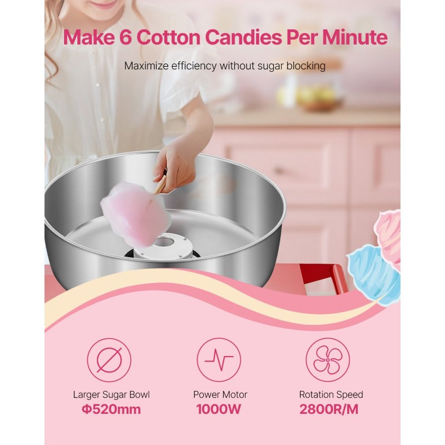VEVOR Electric Cotton Candy Machine with Cart, 1000W Commercial Candy Floss Maker with 52cm Stainless Steel Bowl, Sugar Scoop, and Drawer, Easy to Use, for Home, Kids Birthday, Family Party, Red