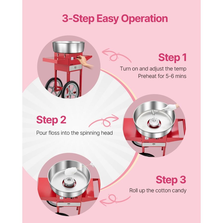 VEVOR Electric Cotton Candy Machine with Cart, 1000W Commercial Candy Floss Maker with 52cm Stainless Steel Bowl, Sugar Scoop, and Drawer, Easy to Use, for Home, Kids Birthday, Family Party, Red