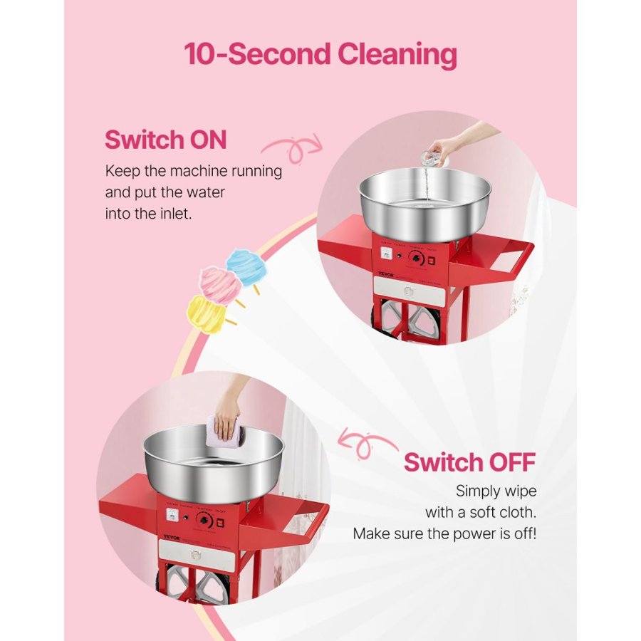 VEVOR Electric Cotton Candy Machine with Cart, 1000W Commercial Candy Floss Maker with 52cm Stainless Steel Bowl, Sugar Scoop, and Drawer, Easy to Use, for Home, Kids Birthday, Family Party, Red
