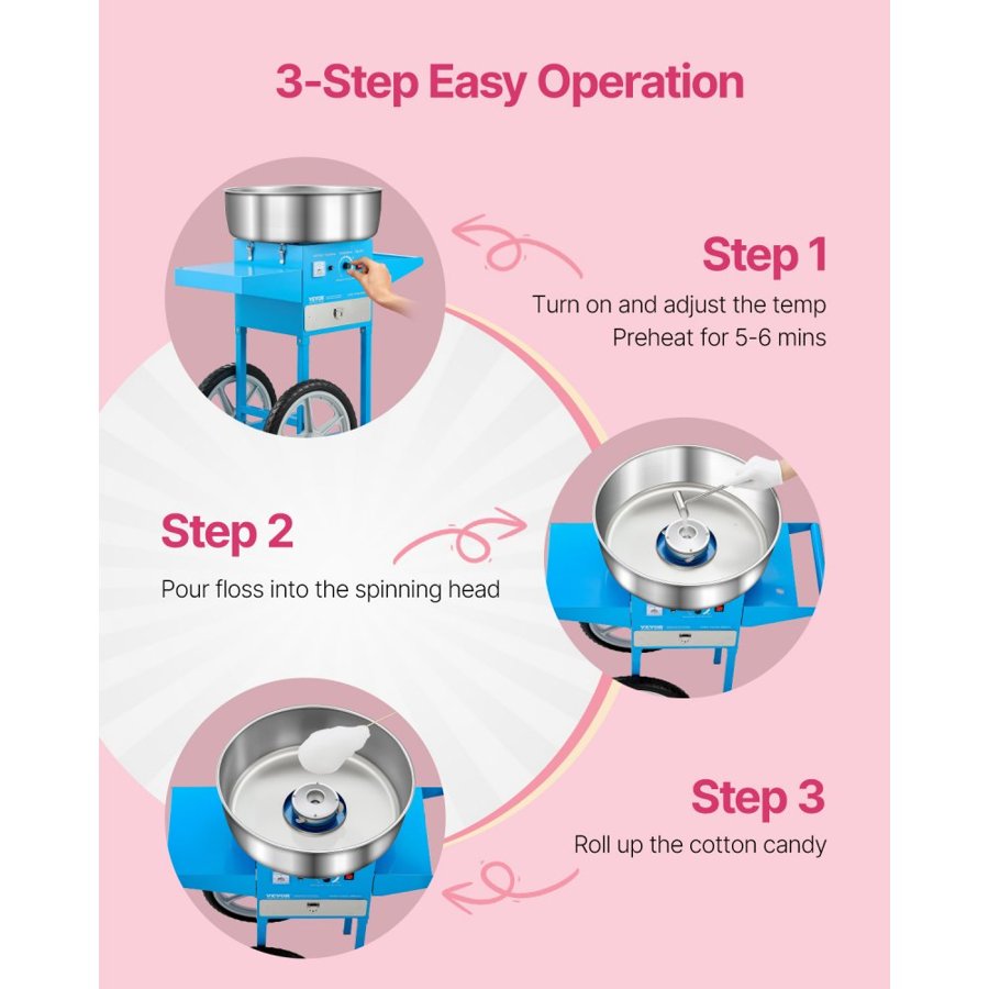 VEVOR Electric Cotton Candy Machine with Cart, 1000W Commercial Candy Floss Maker with 52cm Stainless Steel Bowl, Sugar Scoop, and Drawer, Easy to Use, for Home, Kids Birthday, Family Party, Blue