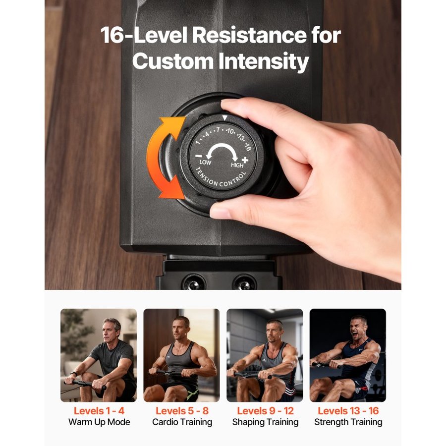 VEVOR Magnetic Rowing Machine,16-Level Quiet Resistance Adjustable, Foldable Rower Machine for Home, 158kg Weight Capacity, Row Machines with Smooth Pulley Design, Bluetooth APP Compatible & LCD Monitor