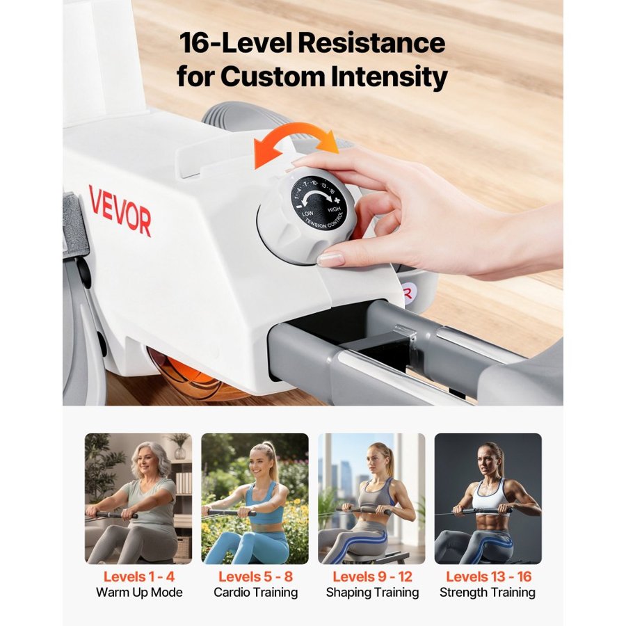 VEVOR Magnetic Rowing Machine,16-Level Quiet Resistance Adjustable, Foldable Rower Machine for Home, 158kg Weight Capacity, Row Machines with Dual-Slide Rail, Bluetooth APP Compatible & LCD Monitor