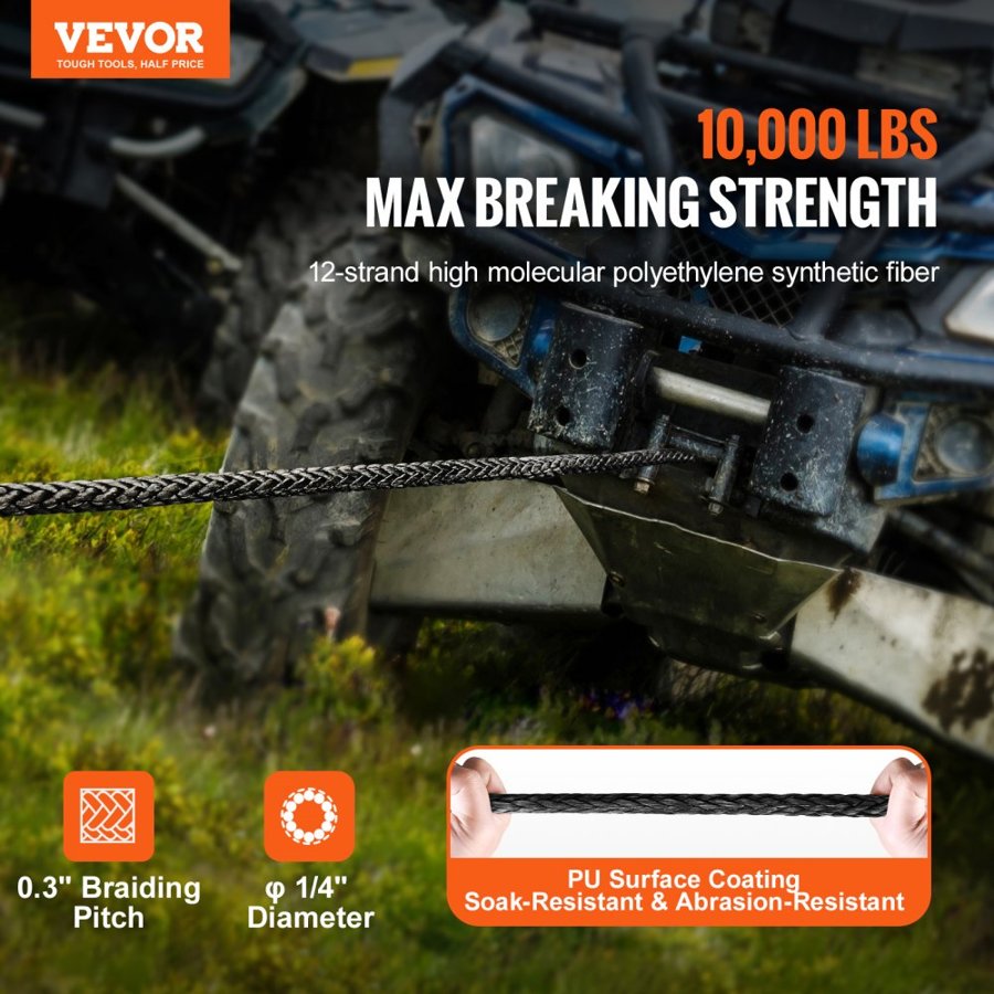 VEVOR Synthetic Winch Rope, 6.35 mm x 15.24 m 4,536 kg Synthetic Winch Line Cable Rope with Protective Sleeve + Stopper + Forged Winch Hook + Pull Strap, Fit for ATV, UTV, Small Vehicle, Pickup
