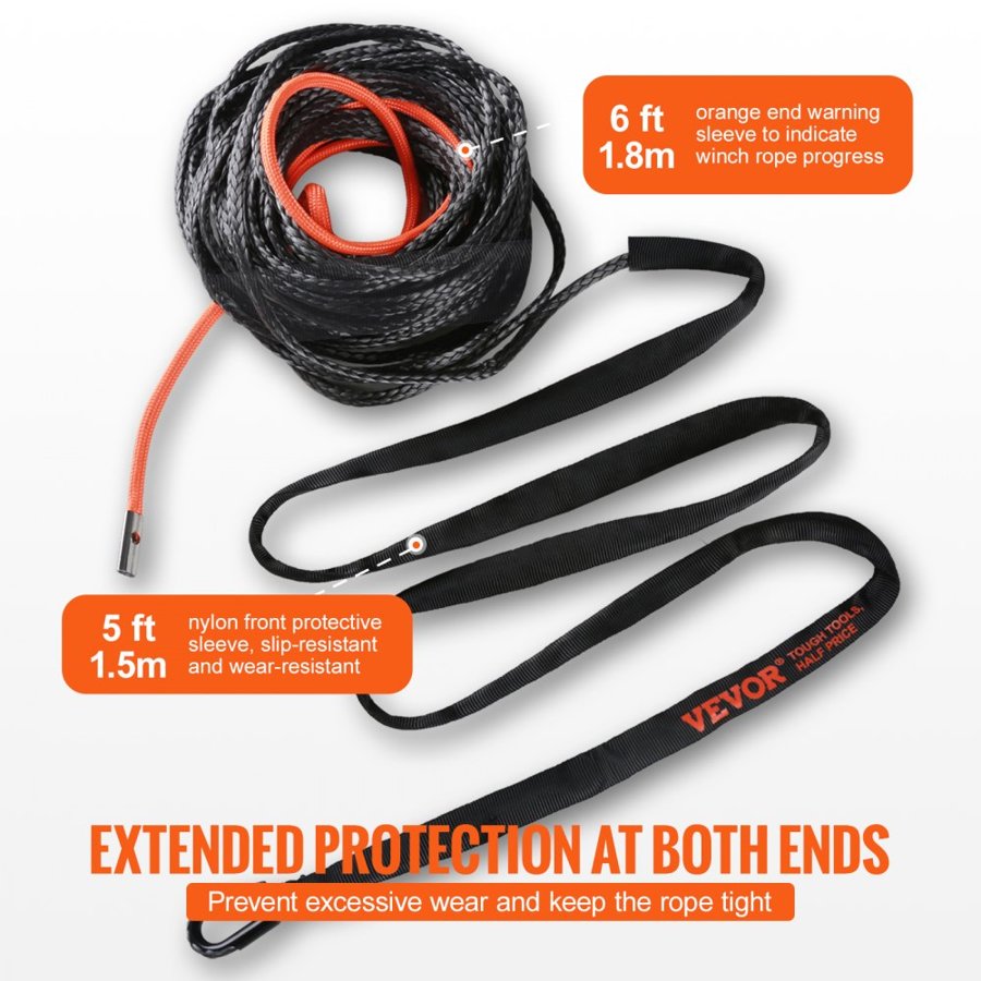 VEVOR Synthetic Winch Rope, 9.5 mm x 30.48 m 12,020 kg Synthetic Winch Line Cable Rope with Protective Sleeve + Forged Winch Hook + Pull Strap, Universal Fit for SUV, Large Off-Road Vehicle, Truck