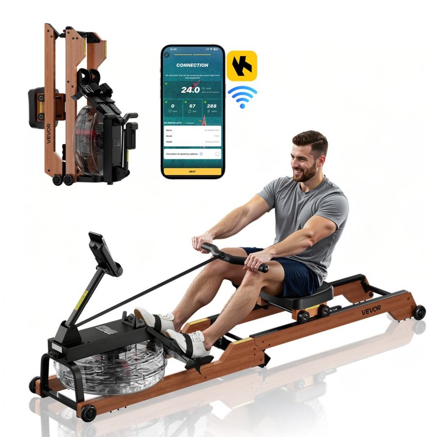 VEVOR Water Rowing Machine, 6-Level Quiet Resistance, Wooden Foldable Rower Machine with 14L Water Tank & LCD Monitor, Bluetooth App Compatible, 158kg Weight Capacity, Immersive Row Machines for Home