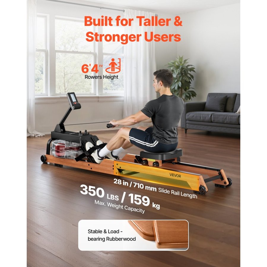VEVOR Water Rowing Machine, 6-Level Quiet Resistance, Wooden Foldable Rower Machine with 14L Water Tank & LCD Monitor, Bluetooth App Compatible, 158kg Weight Capacity, Immersive Row Machines for Home