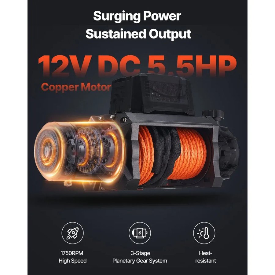VEVOR 10000 Pound Electric Winch – 12V, 5.5HP, 90 ft Rope