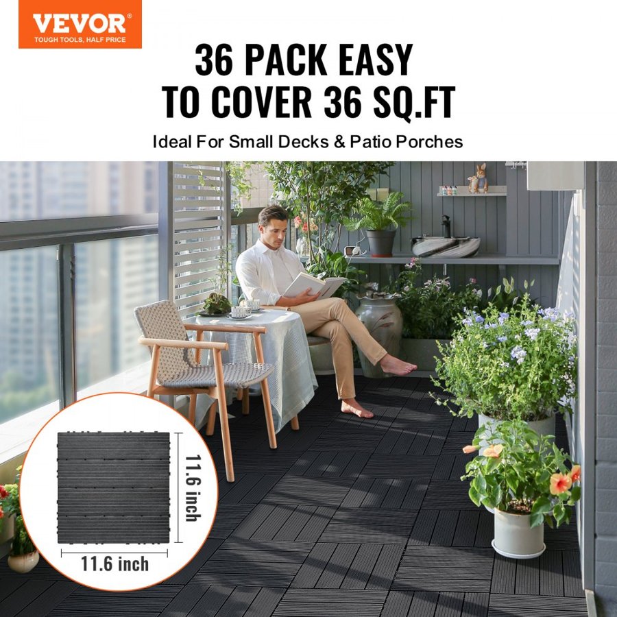 VEVOR Interlocking Plastic Deck Tiles – 36 sq. ft, 440 lbs