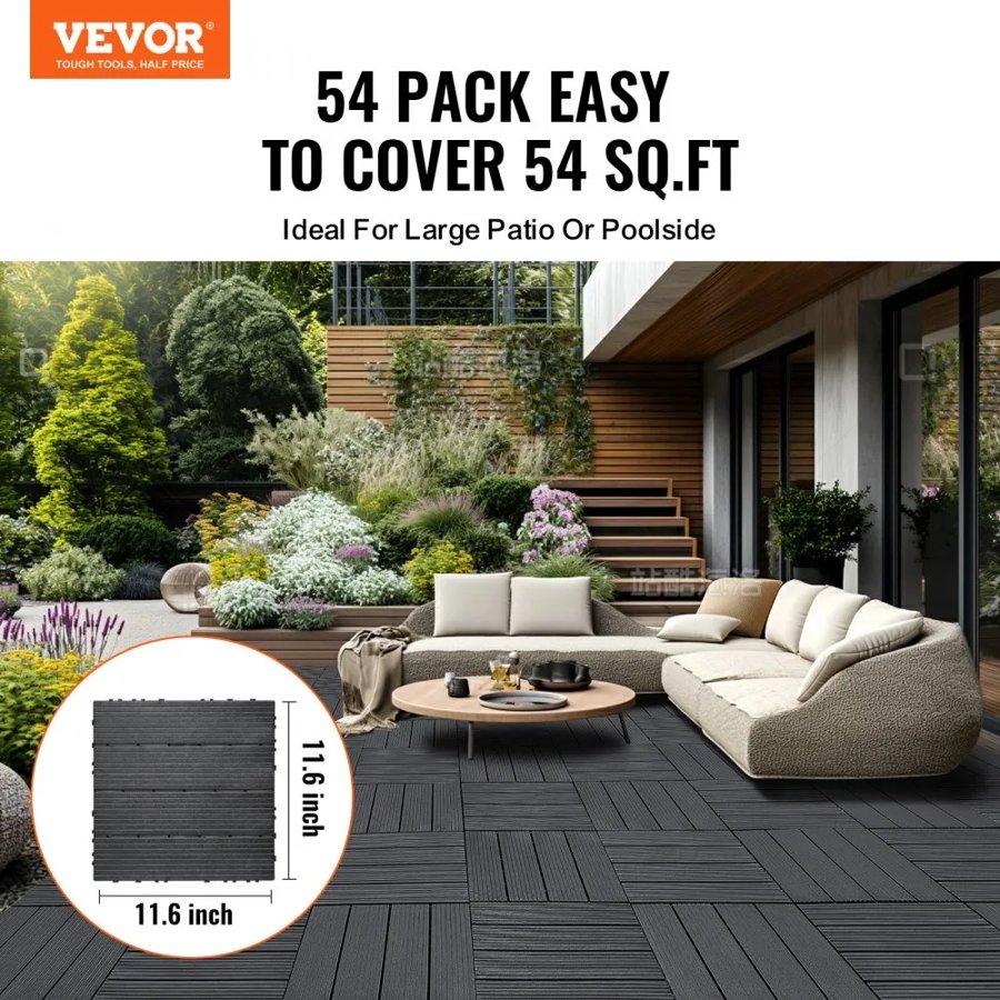 VEVOR Interlocking Deck Tiles, 54 Pack,12"x12" 54 sq. ft Plastic Waterproof Outdoor Flooring All Weather Use, Patio Floor Decking Covering Tiles for Porch Poolside Balcony Backyard, Dark Grey