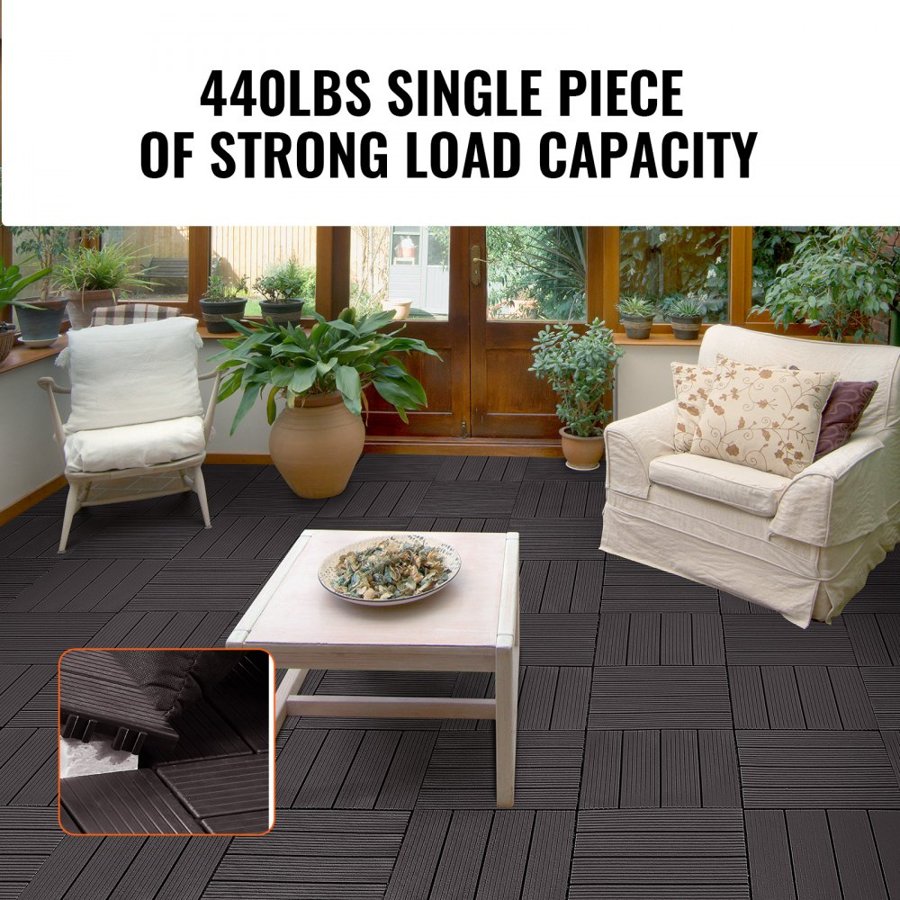 VEVOR Interlocking Deck Tiles, 10 Pack,12"x12" 10 sq. ft Plastic Waterproof Outdoor Flooring All Weather Use, Patio Floor Decking Covering Tiles for Porch Poolside Balcony Backyard, Dark Brown