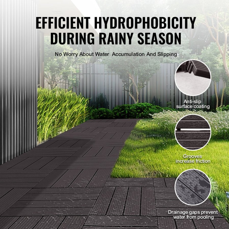 VEVOR Interlocking Deck Tiles, 10 Pack,12"x12" 10 sq. ft Plastic Waterproof Outdoor Flooring All Weather Use, Patio Floor Decking Covering Tiles for Porch Poolside Balcony Backyard, Dark Brown
